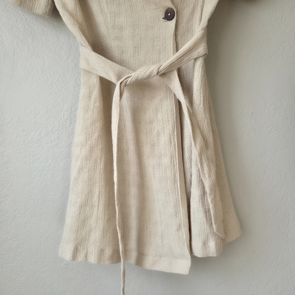 Free People Clementine Linen Mini Dress XS Cream Textured Wrap Collared Belted - Picture 6 of 13